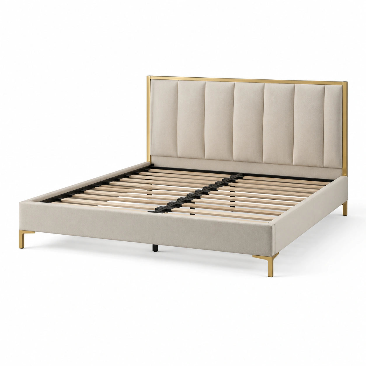 Modernes Polsterbett in Beige und Gold mit gepolstertem Kopfteil und Lattenrost, Liegefläche 160 × 200 cm, Gesamtmaß 210 × 168 × 120 cm