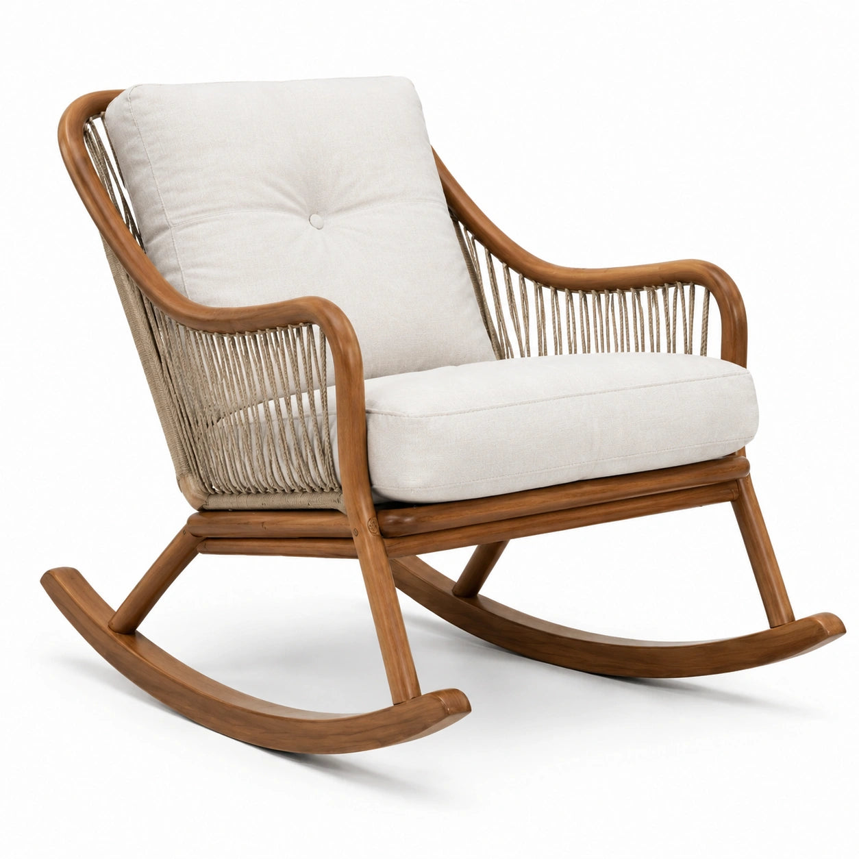 Gepolsterter Schaukelstuhl aus Holz mit Kordelgeflecht, Braun/Beige, 100 × 72 × 90 cm