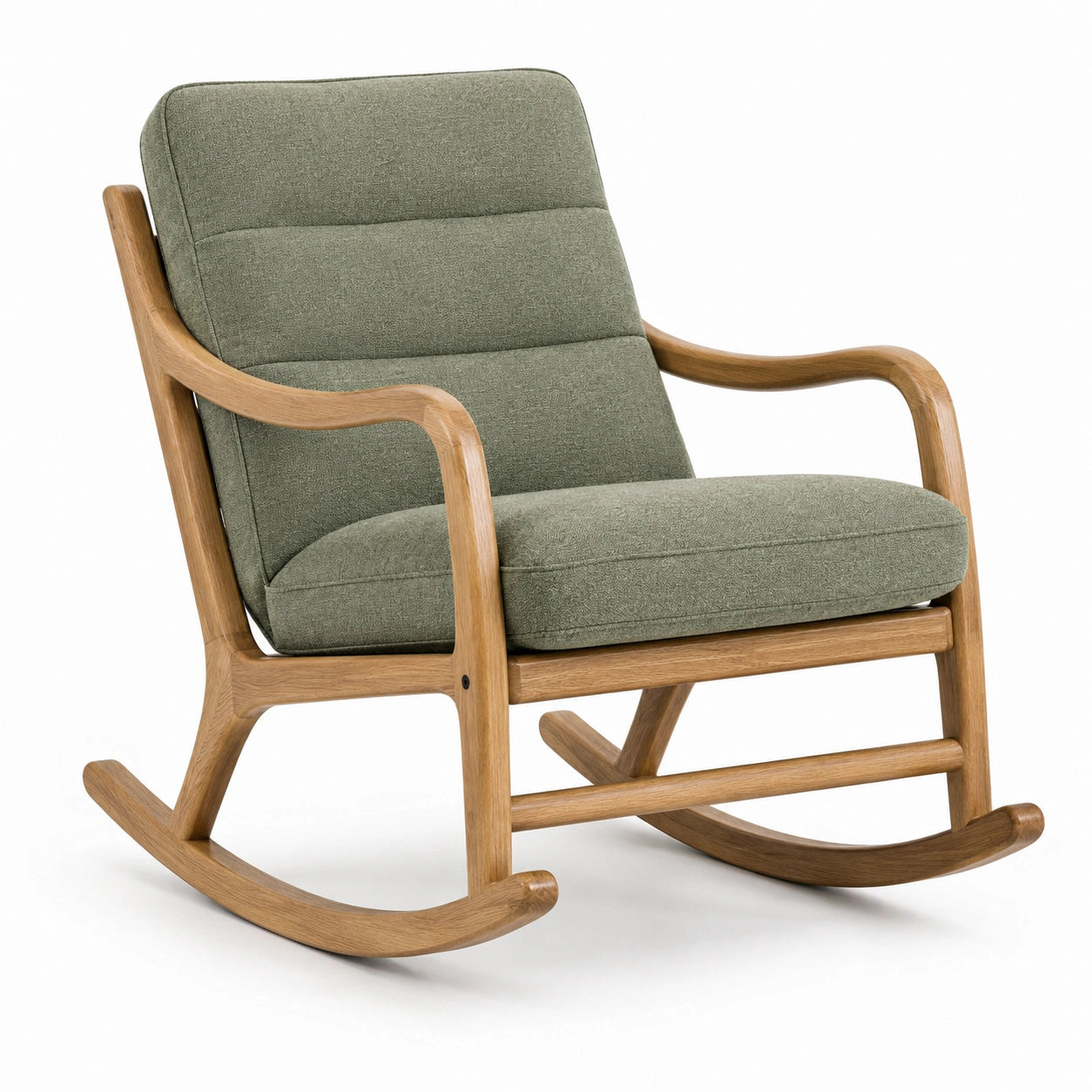 Gepolsterter Schaukelstuhl aus Holz und Textil, Grün/Natur, 76 × 96 × 100 cm, Mid-Century-Stil