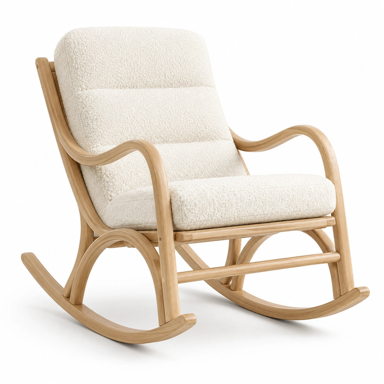 Gepolsterter Schaukelstuhl mit Holzgestell, Naturweiß/Naturholz, 96 × 70 × 95 cm