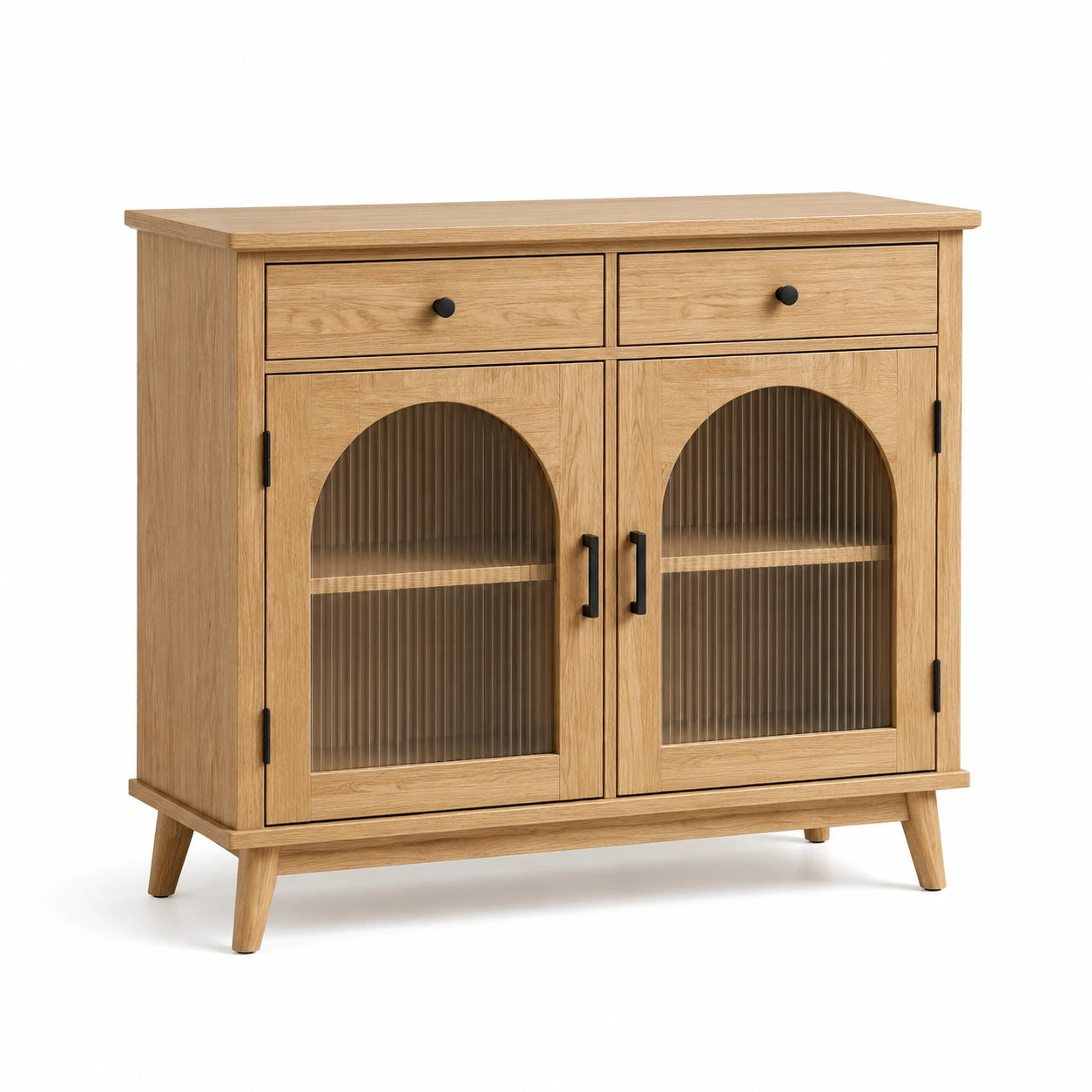 Sideboard in Natur und Schwarz, 100 × 40 × 100 cm, mit 2 Türen, 2 Schubladen und geriffeltem Glas