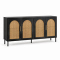 Sideboard mit Rattangeflecht und 4 Türen, 160 × 40 × 80 cm, Schwarz/Naturfarben/Messingfarben