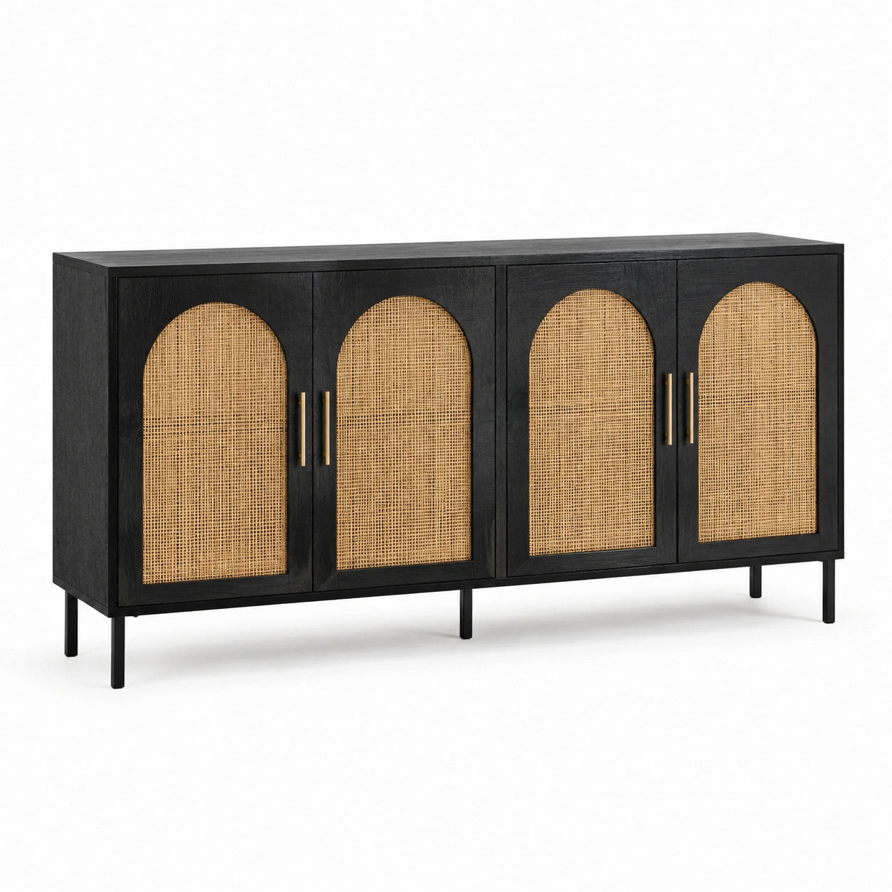 Sideboard mit Rattangeflecht und 4 Türen, 160 × 40 × 80 cm, Schwarz/Naturfarben/Messingfarben