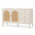 Sideboard aus Holzwerkstoff und Rattangeflecht, Creme/Natur/Gold, 120 × 40 × 75 cm, 2 Türen und 3 Schubladen, Boho-Stil