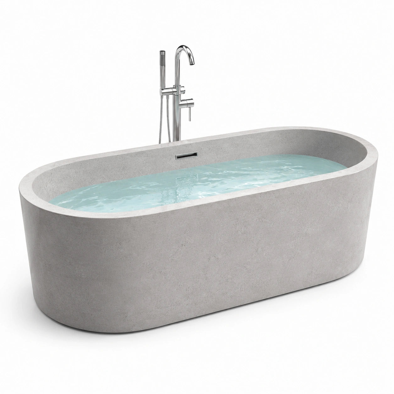 Freistehende ovale Badewanne aus Mineralwerkstoff, 170 × 80 × 58 cm, Grau in Betonoptik, mit Überlauf