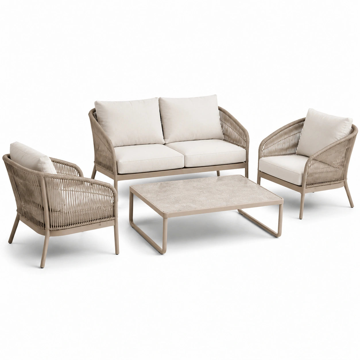 4-teiliges Garten-Loungeset in Beige und Creme mit Zweisitzer 150 × 78 × 80 cm, 2 Sesseln 74 × 78 × 80 cm und Tisch 100 × 60 × 38 cm