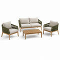 4-teiliges Gartenmöbel-Set aus Holz und Geflecht, Naturholz, Olivgrün und Beige, Bank 151 × 77 × 78 cm, Sessel 72 × 77 × 78 cm, Tisch 100 × 55 × 38 cm