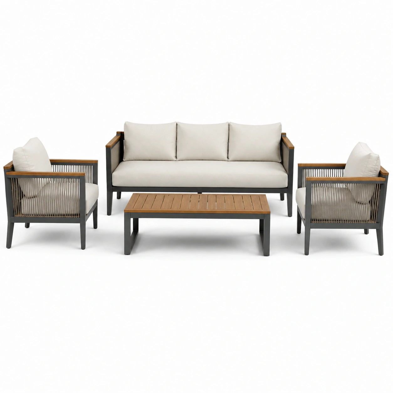 4-teiliges Gartenmöbel-Set in Creme, Anthrazit und Braun mit 3-Sitzer-Sofa 190 × 78 × 78 cm, 2 Sesseln 75 × 78 × 78 cm und Couchtisch 110 × 60 × 40 cm
