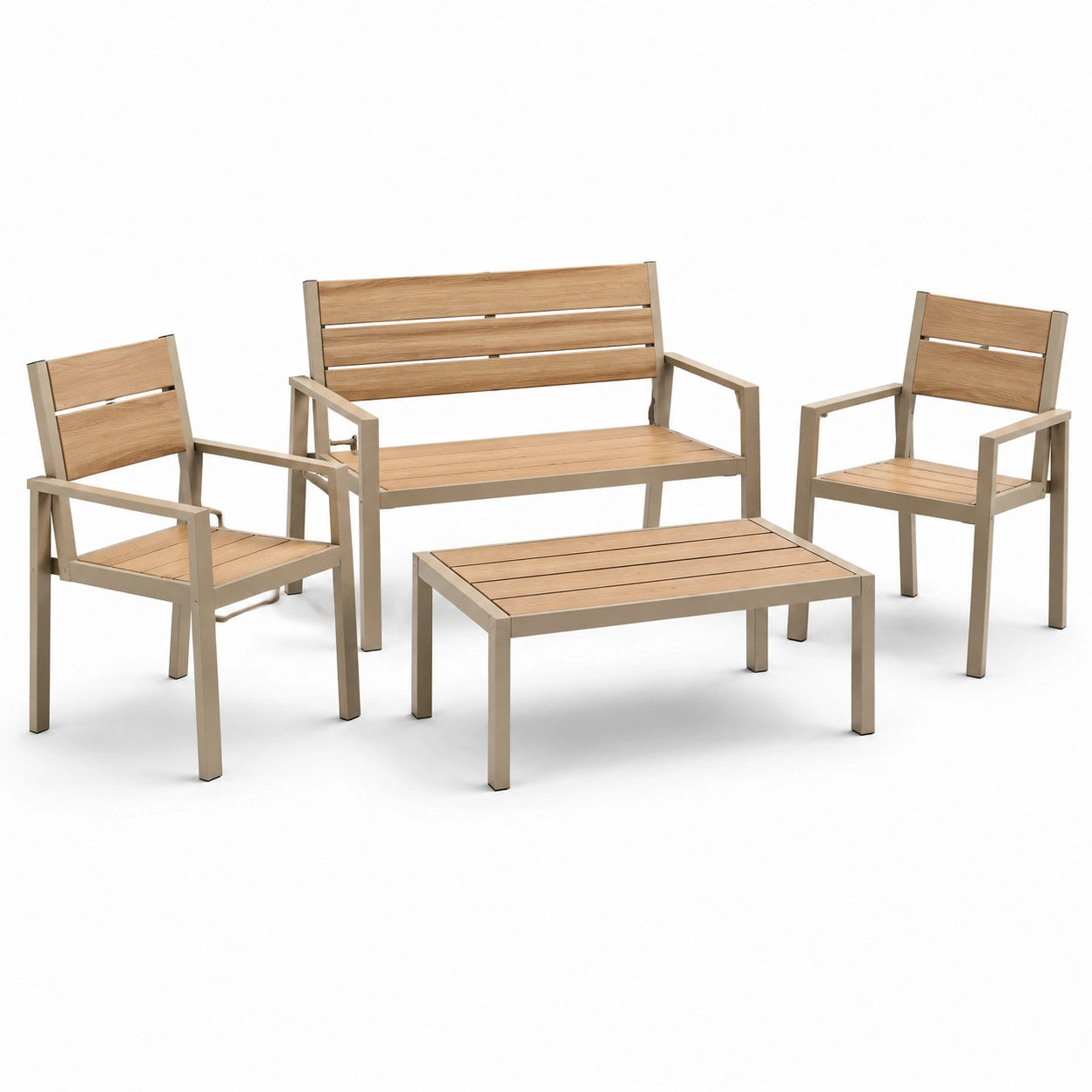 4-teiliges Gartenmöbel-Set mit Sitzbank 112 × 60 × 86 cm, 2 Armlehnstühlen und Tisch, Naturbraun/Taupe