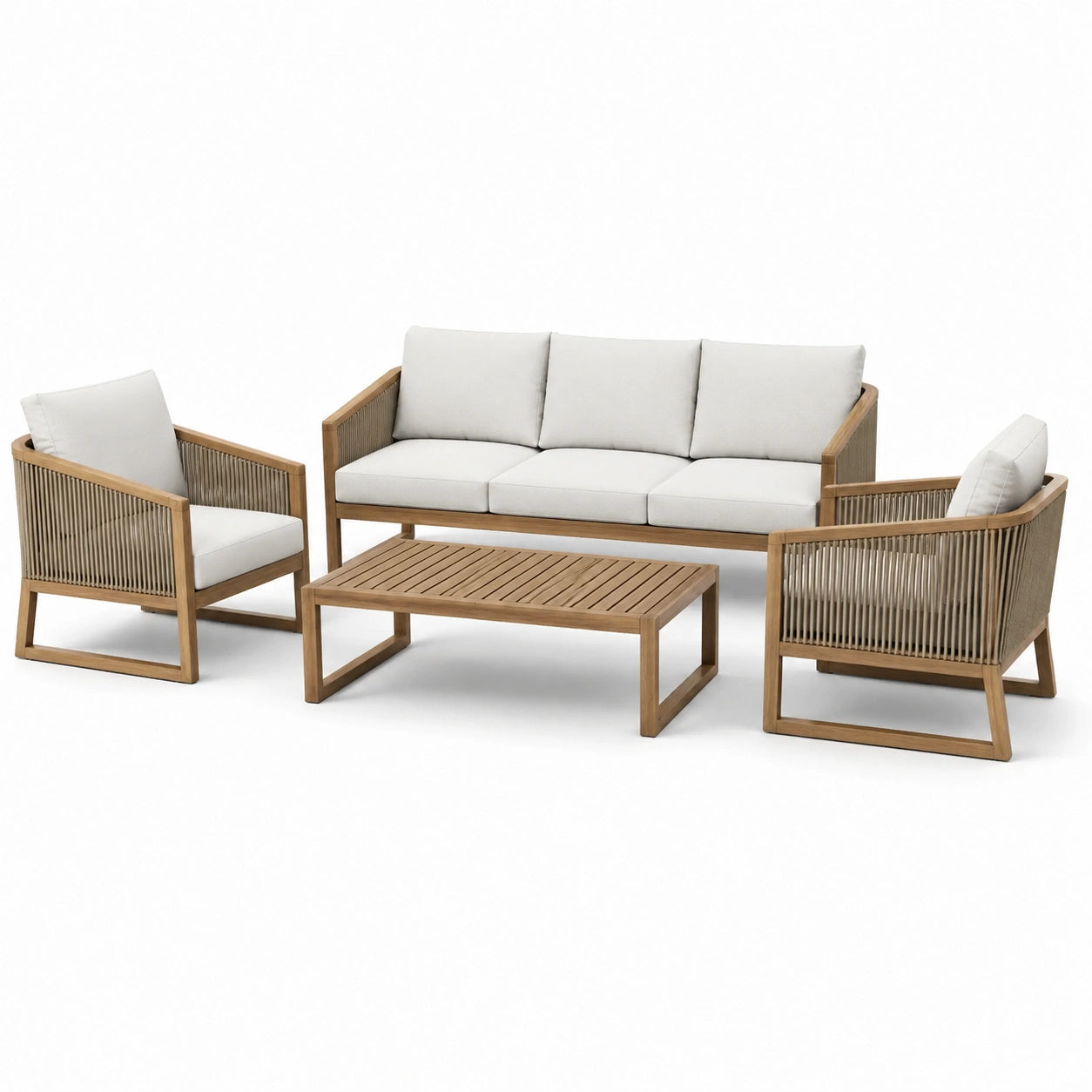 4-teiliges Gartenmöbel-Set in Braun, Creme und Grau – Dreisitzer-Sofa 190 × 78 × 78 cm, 2 Sessel 75 × 78 × 78 cm und Couchtisch 110 × 60 × 40 cm