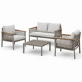 4-teilige Garten-Sitzgruppe mit Zweisitzer 132 × 75 × 78 cm, 2 Sesseln 72 × 75 × 78 cm und Tisch 90 × 55 × 38 cm, Hellgrau/Graubraun/Holzbraun