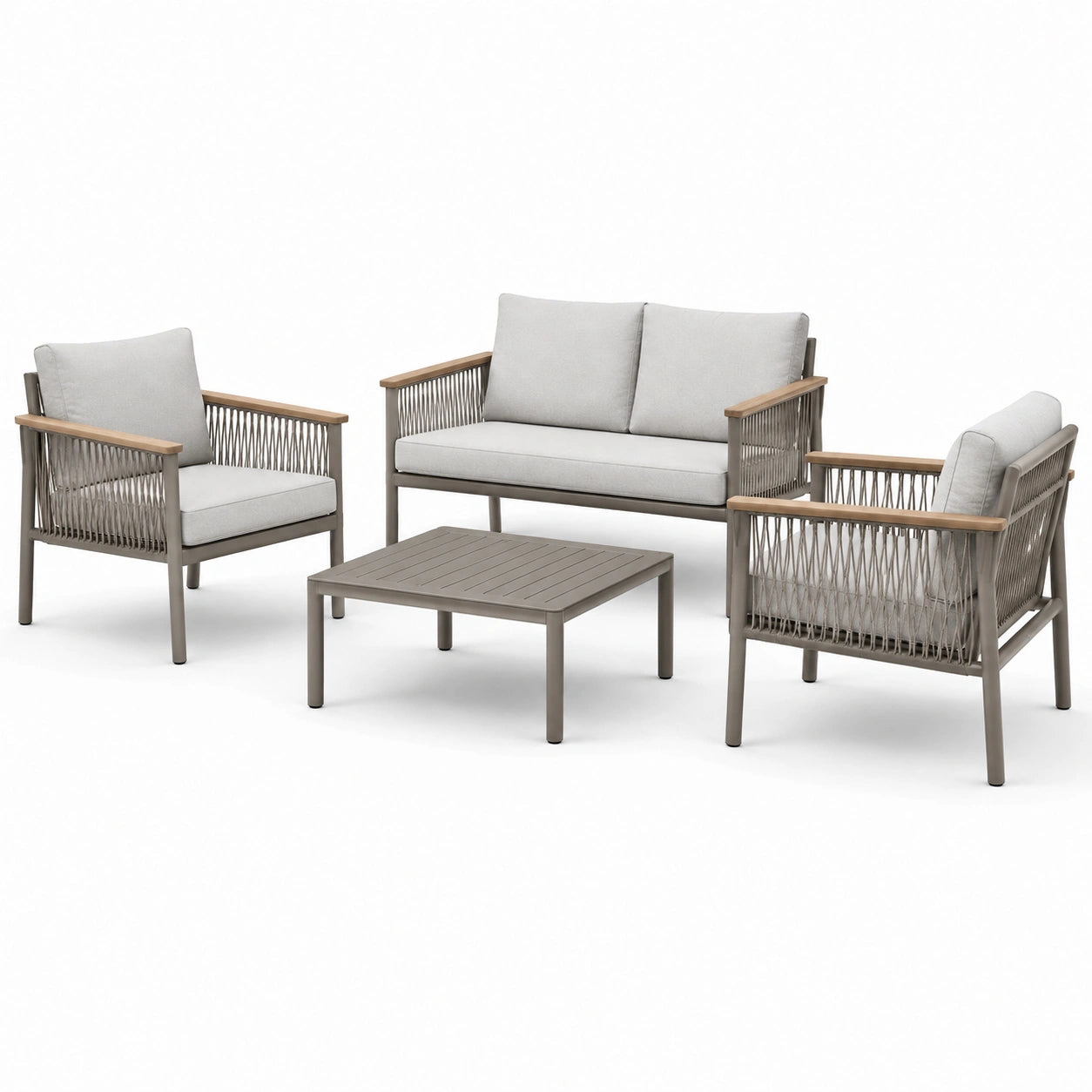 4-teilige Garten-Sitzgruppe mit Zweisitzer 132 × 75 × 78 cm, 2 Sesseln 72 × 75 × 78 cm und Tisch 90 × 55 × 38 cm, Hellgrau/Graubraun/Holzbraun