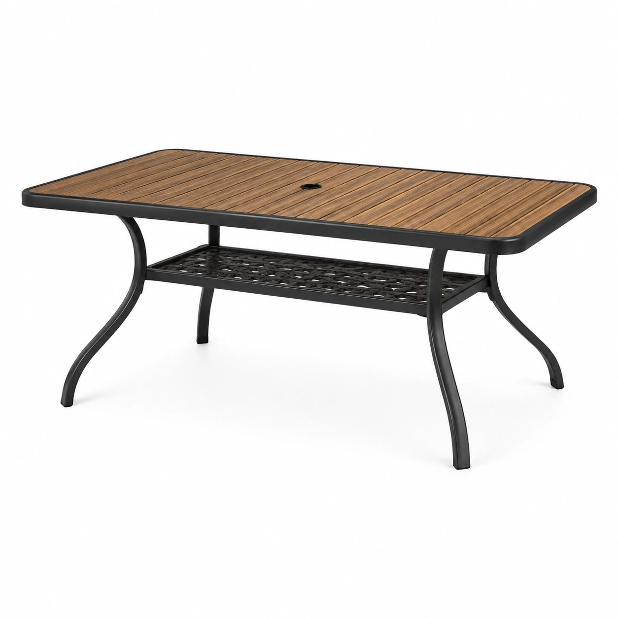 Rechteckiger Gartentisch aus Metall mit Ablage und Schirmloch, Braun/Schwarz, 150 × 90 × 72 cm