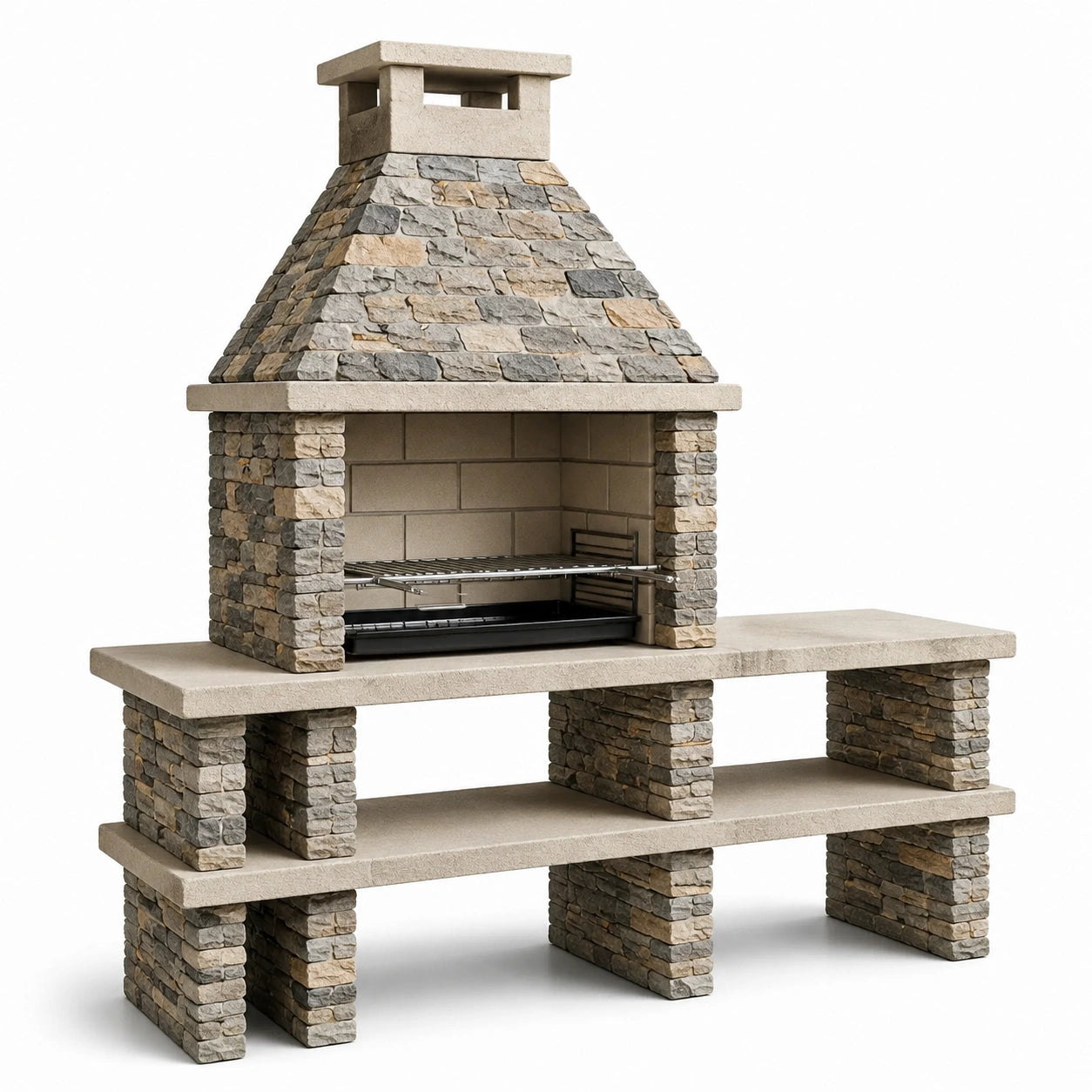 Gartengrill mit Kamin und Ablageflächen, 210 × 70 × 220 cm, Grau, Beige und Braun