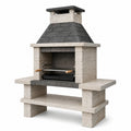 Grillkamin aus Betonwerkstein und Metall, Beige, Anthrazit und Schwarz, 160 × 70 × 220 cm, mit höhenverstellbarem Grillrost und Ablageflächen