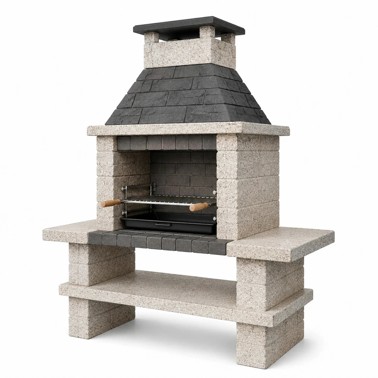 Grillkamin aus Betonwerkstein und Metall, Beige, Anthrazit und Schwarz, 160 × 70 × 220 cm, mit höhenverstellbarem Grillrost und Ablageflächen