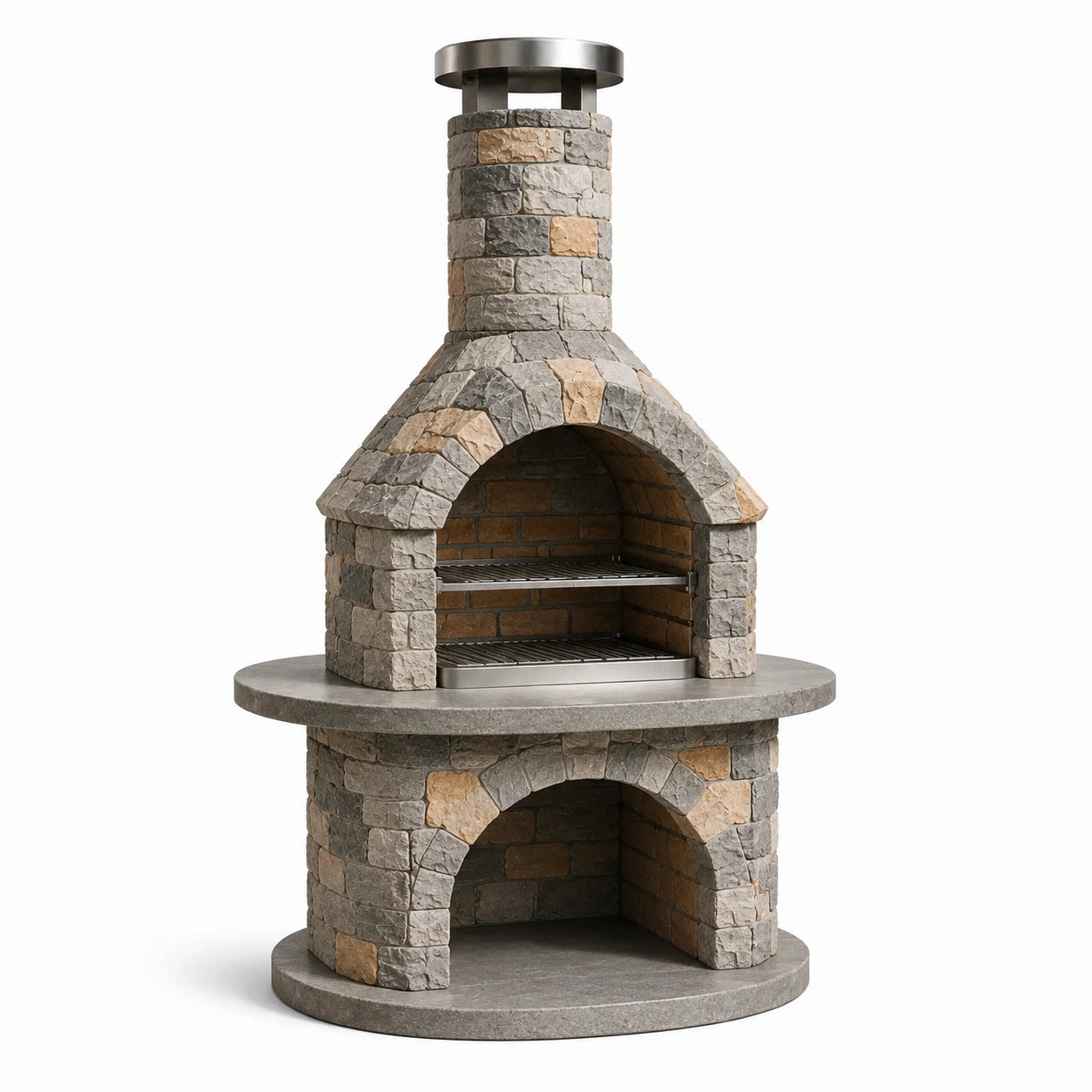 Rustikaler Grillkamin aus Betonwerkstein und Edelstahl, Grau/Beige/Silber, Ø 120 × H 215 cm, mit zwei Grillrosten und Ablagefach