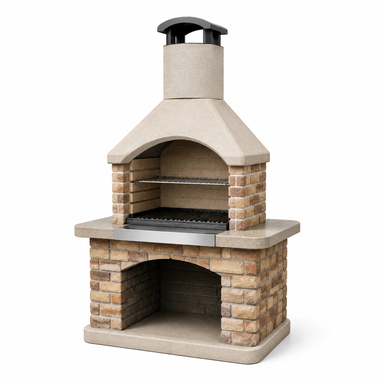 Grillkamin aus Betonwerkstein mit Rauchabzug und zwei Grillrosten, Beige/Braun/Schwarz/Silber, 110 × 65 × 220 cm