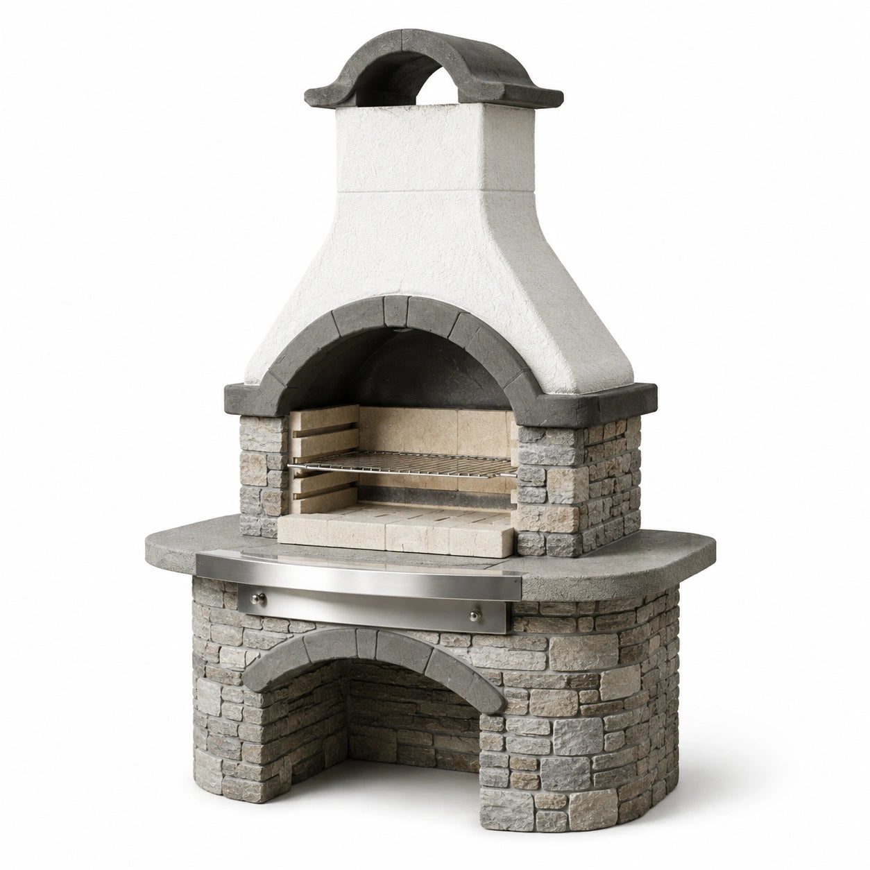 Gartengrillkamin aus Betonwerkstein mit Edelstahlrost, Grau/Weiß/Beige/Silber, 110 × 65 × 210 cm