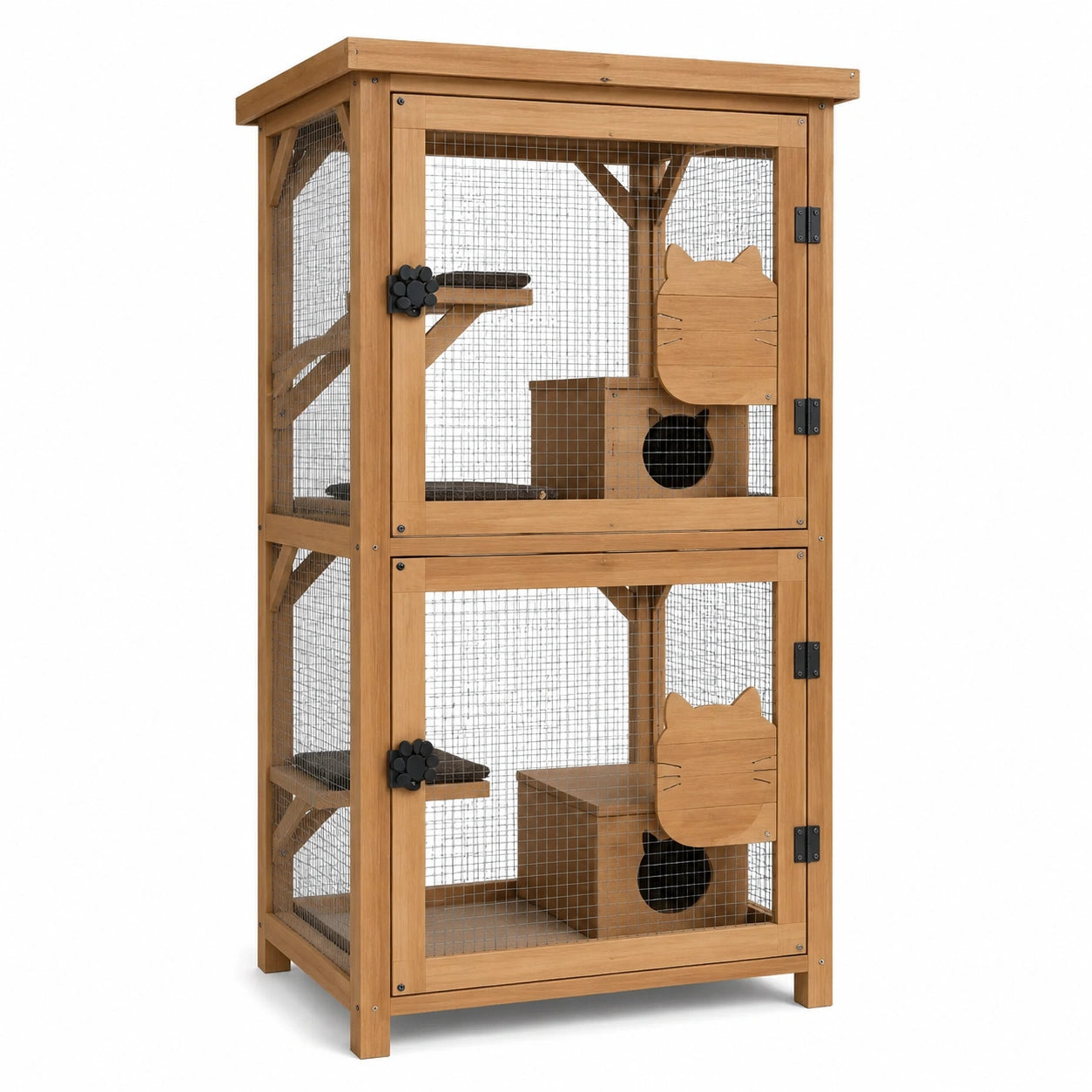 Mehrstöckiges Katzengehege aus Holz und Metall, Braun/Schwarz, 85 × 60 × 170 cm, mit zwei Rückzugshäusern und Plattformen