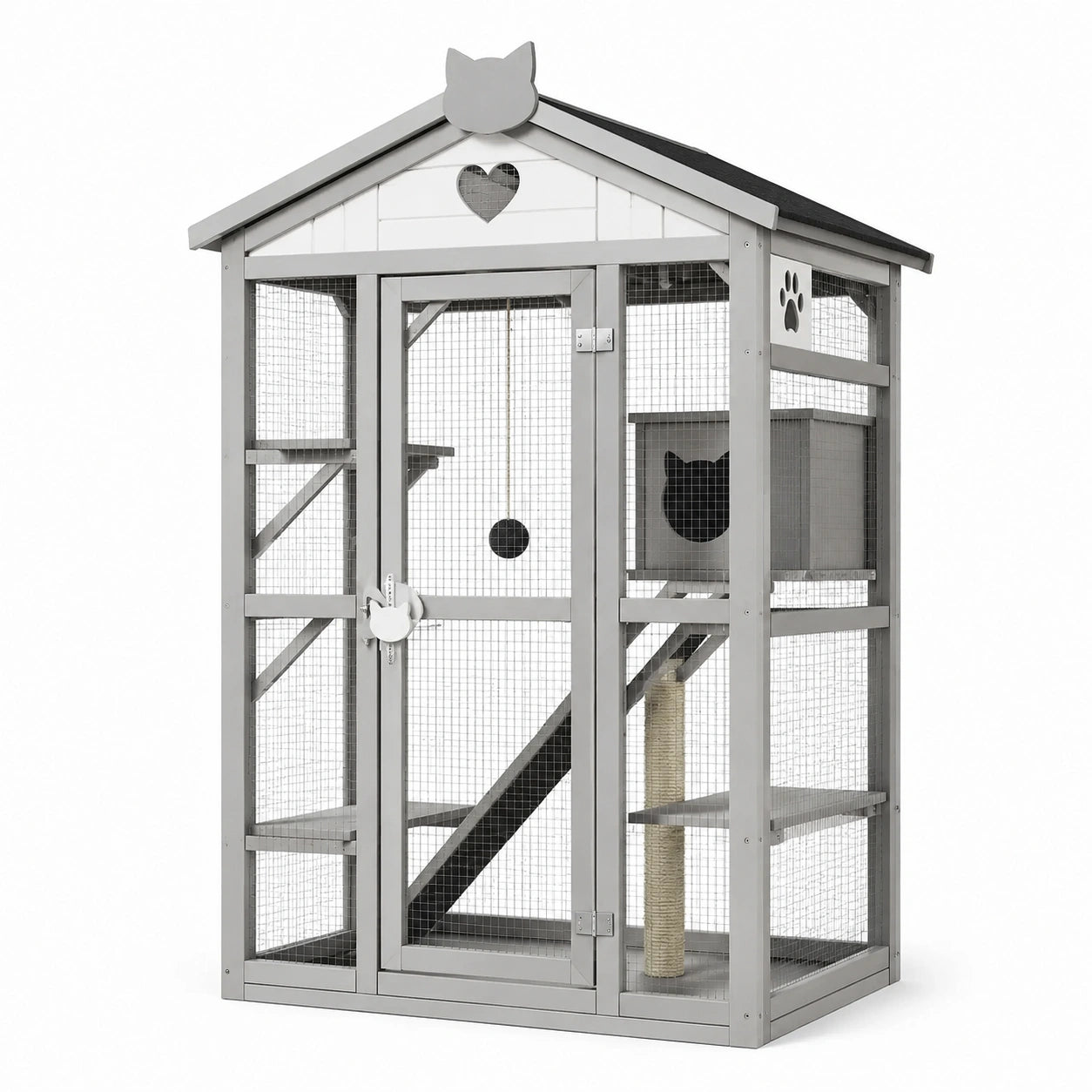 Katzengehege aus Holz und Metall, 110 × 80 × 180 cm, Grau/Schwarz/Beige, mit Plattformen, Rampe, Kratzsäule und Schutzhütte