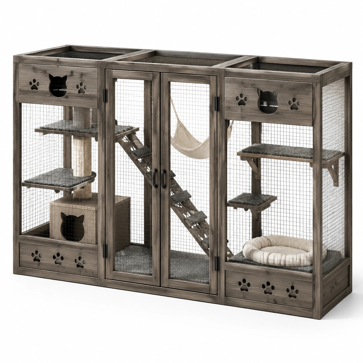 Mehrstöckiges Katzengehege aus Holz und Metall, 220 × 60 × 160 cm, Grau/Schwarz/Beige, für Innenräume
