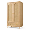 Kleiderschrank Naturholz und Beige, 100 × 55 × 190 cm, 2 Türen mit Rattangeflecht und 1 Schublade