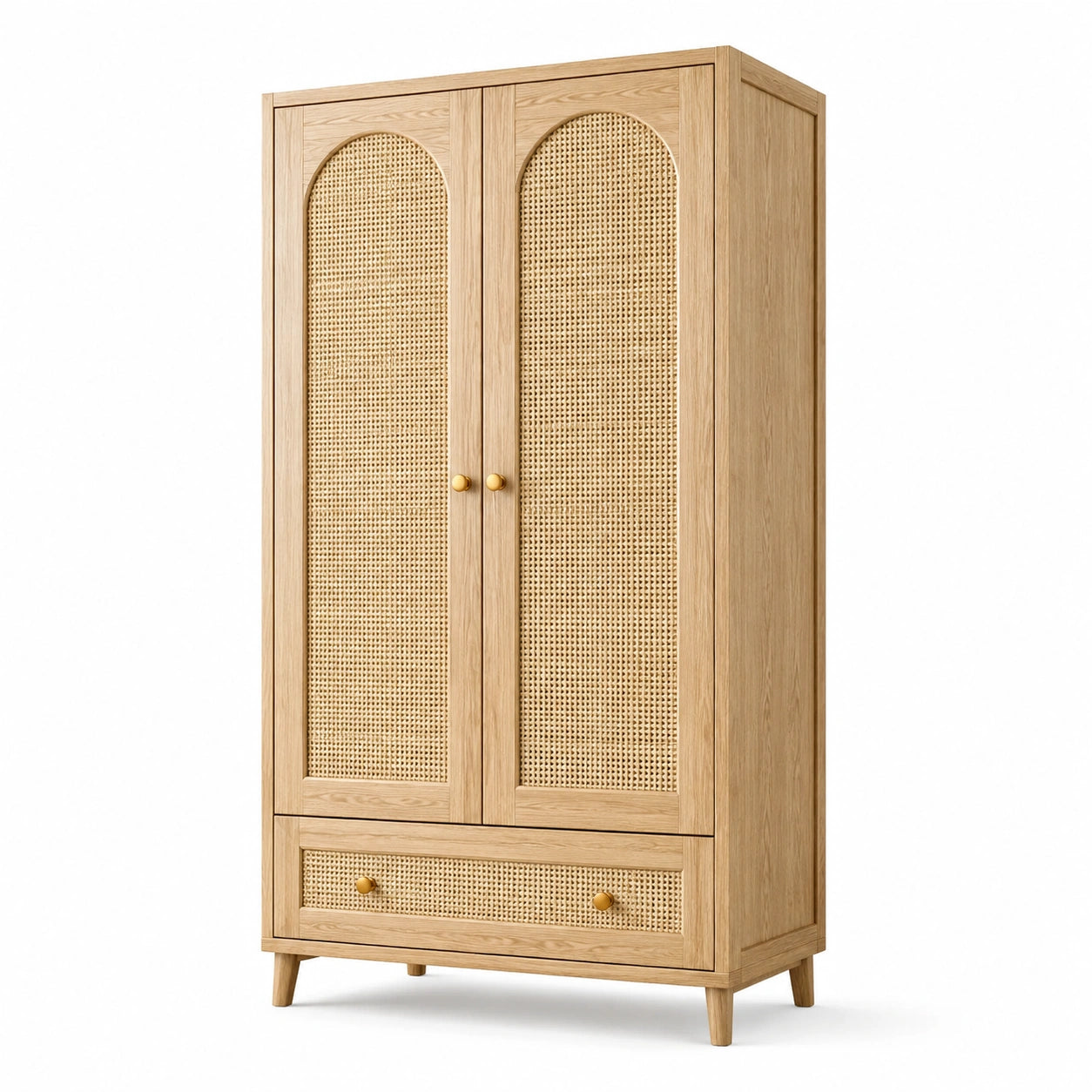 Kleiderschrank Naturholz und Beige, 100 × 55 × 190 cm, 2 Türen mit Rattangeflecht und 1 Schublade