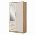 Kleiderschrank mit Spiegel, 2 Türen und 3 Schubladen, 120 × 55 × 200 cm, Greige und Eiche mit goldfarbenen Griffen