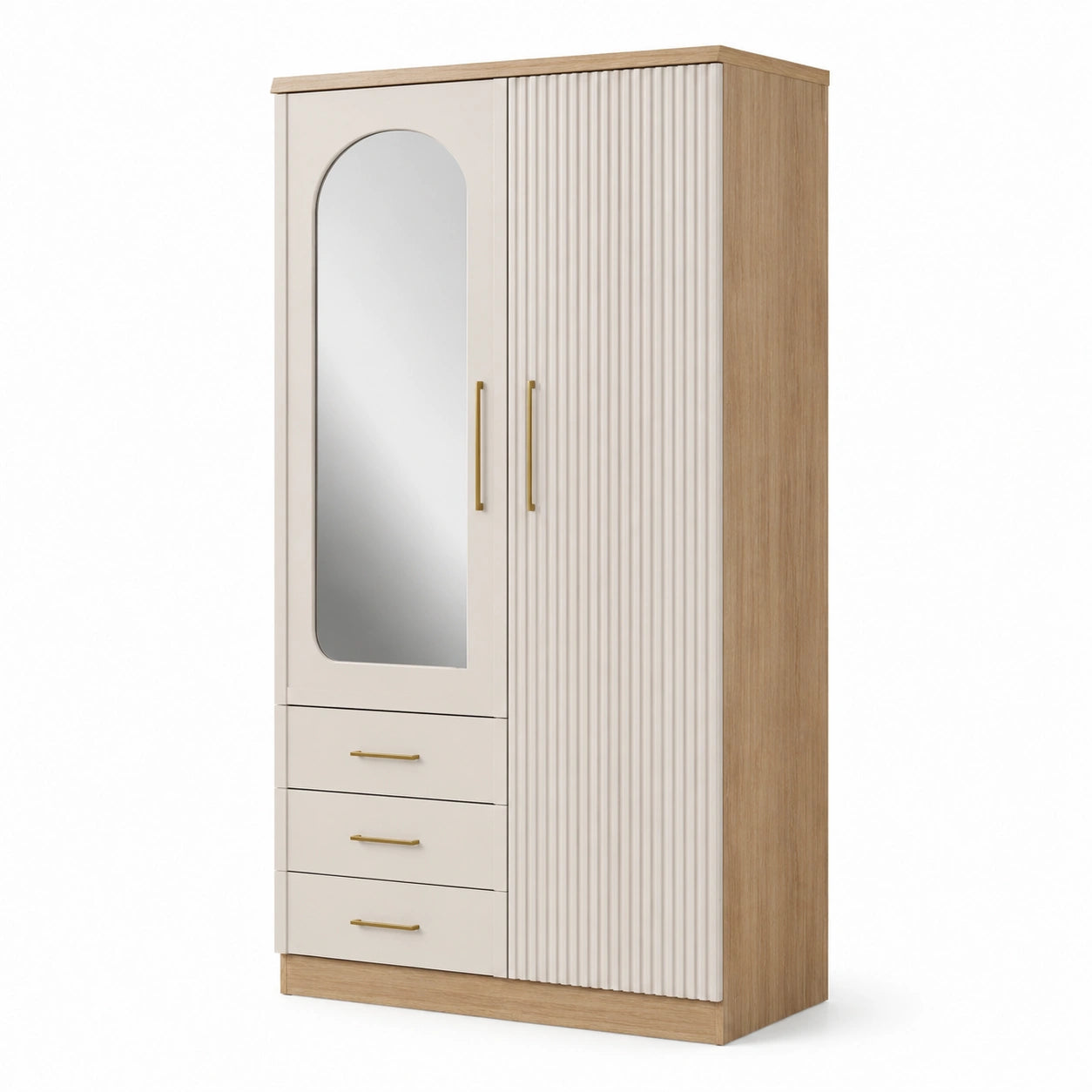 Kleiderschrank mit Spiegel, 2 Türen und 3 Schubladen, 120 × 55 × 200 cm, Greige und Eiche mit goldfarbenen Griffen