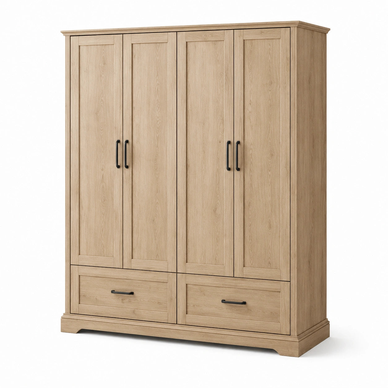 Kleiderschrank mit 4 Türen und 2 Schubladen, 200 × 60 × 210 cm, Eiche hell und Schwarz, Landhausstil