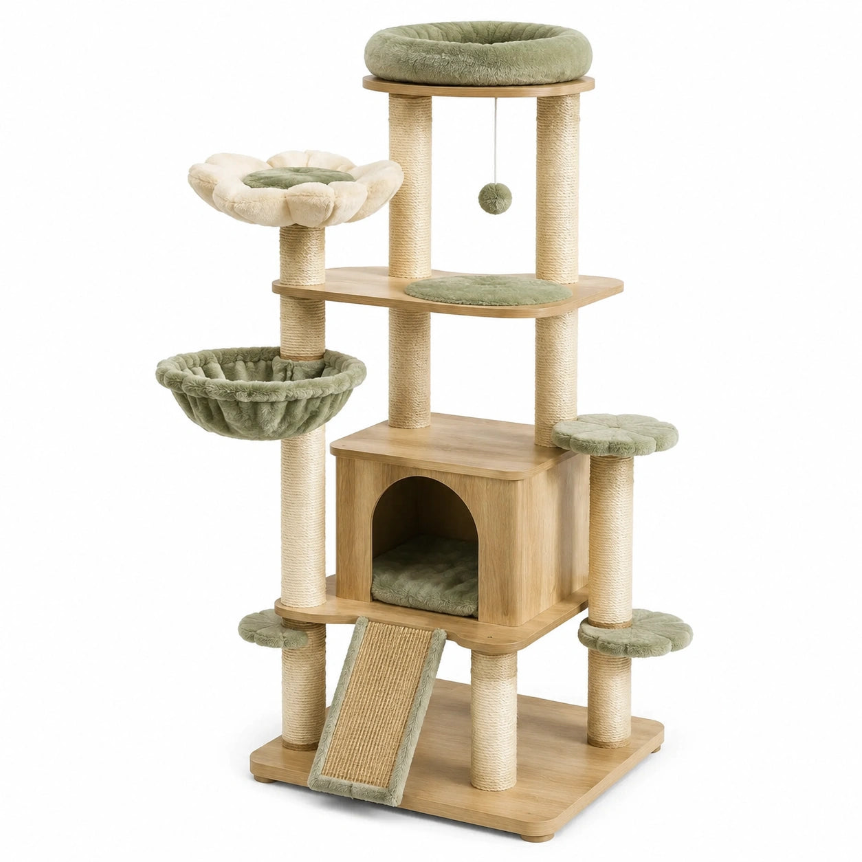 Mehrstöckiger Kratzbaum aus Holzwerkstoff, Sisal und Plüsch, 95 × 55 × 173 cm, Olivgrün, Beige und Natur