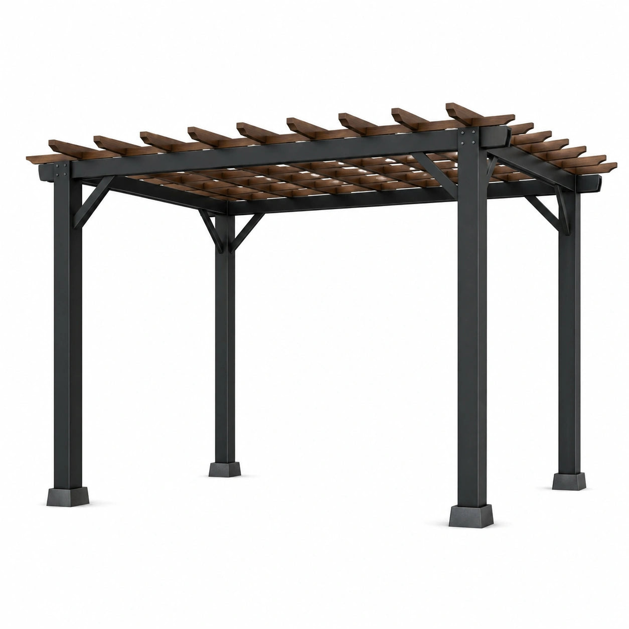 Freistehende Pergola aus Metall und Holz, 305 × 305 × 240 cm, Schwarz/Braun