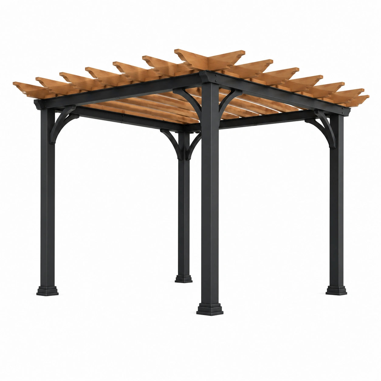 Freistehende Pergola aus Metall und Holz mit offenem Lamellendach, 300 × 300 × 240 cm, Braun/Schwarz